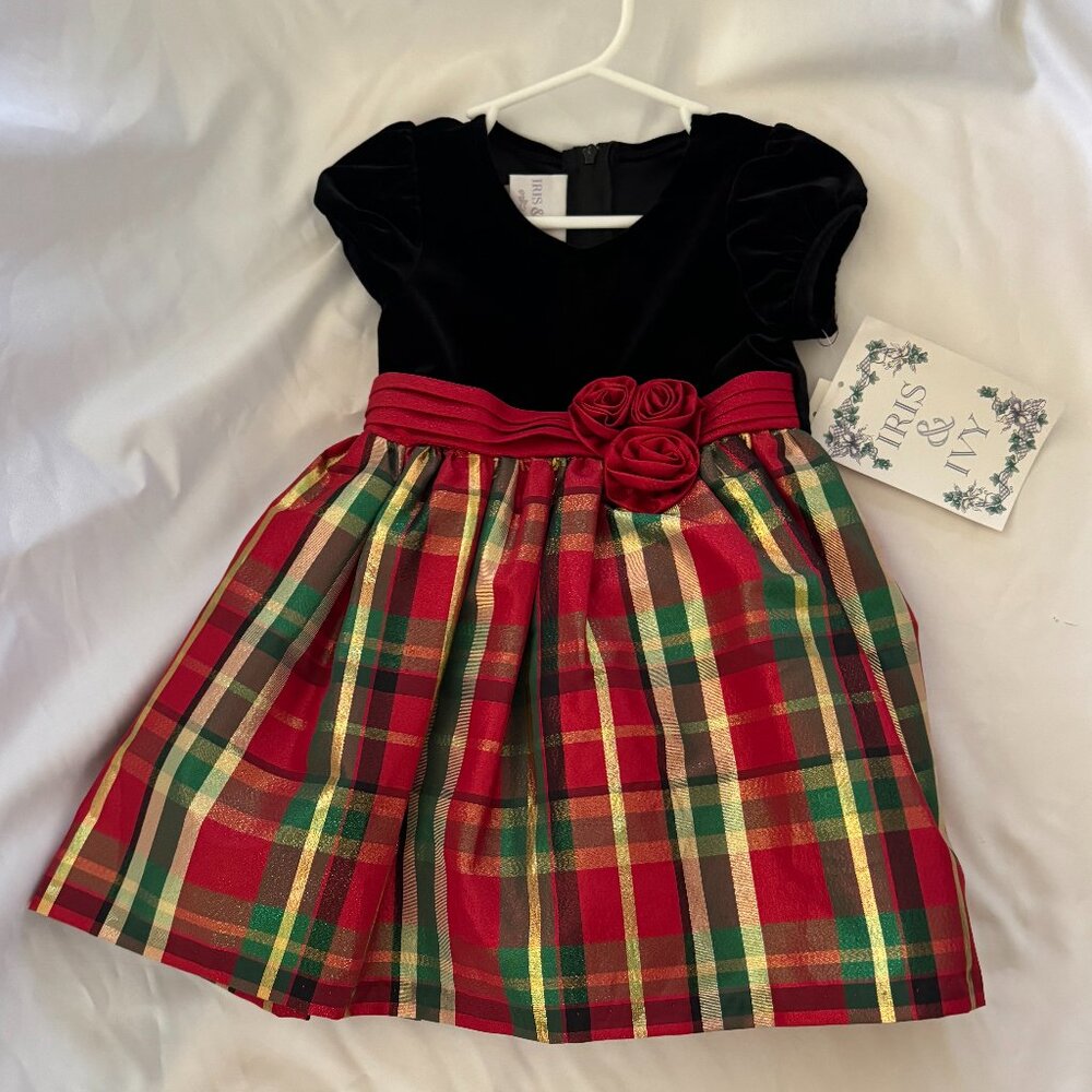 Iris & Ivy Party Dress, Black with Red, Green, Gold Plaid Taffeta